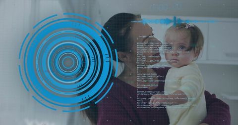 Father holding baby daughter in futuristic digital display