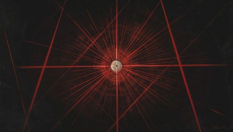 Radiating Red Energy Core Pulsing in Dark Void with Concentric Halo and Crosshair Grid