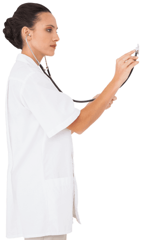 Transparent female nurse using stethoscope listening skills