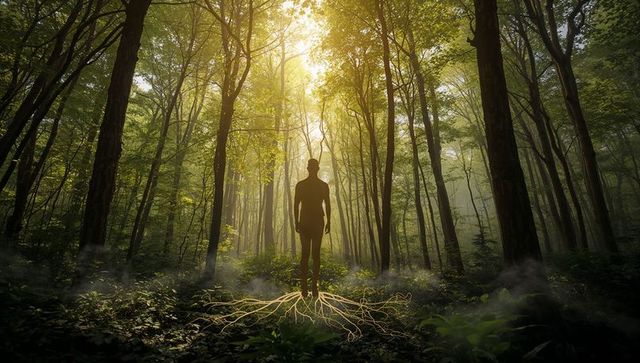 Standing Silhouette Radiating Root Tendrils in Sunlit Forest Canopy, Woodland Concept