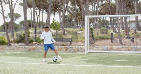 Boy kicking soccer ball on park turf offers vibrant scene of youthful energy and sportsmanship. Perfect for illustrating concepts of outdoor activities, childhood sports, and youth athletics, ideal use in Sporting Goods marketing or promoting recreational programs.