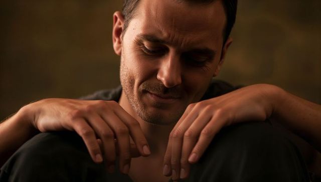 Pensive man reflecting in low light, moody closeup with hands on knees, dim studio