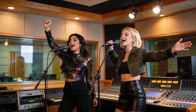 Female vocal duo singing in recording studio wearing sequin top and leather skirt