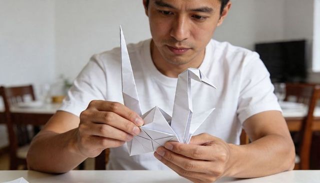 Man folding intricate origami crane at dining table, concentrating on hands-on paper craft