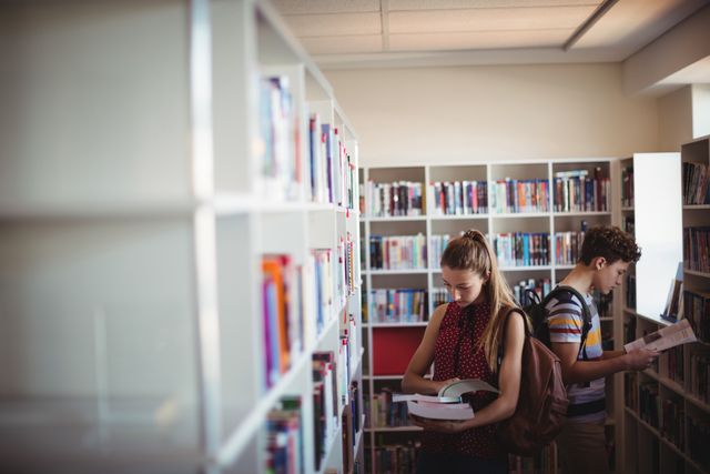 Two students are reading books in a school library. They are surrounded by bookshelves filled with various books. This image can be used for educational content, school promotions, library advertisements, or articles about student life and learning environments.