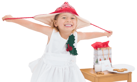 Happy Caucasian Girl with Christmas Hat on Transparent Background