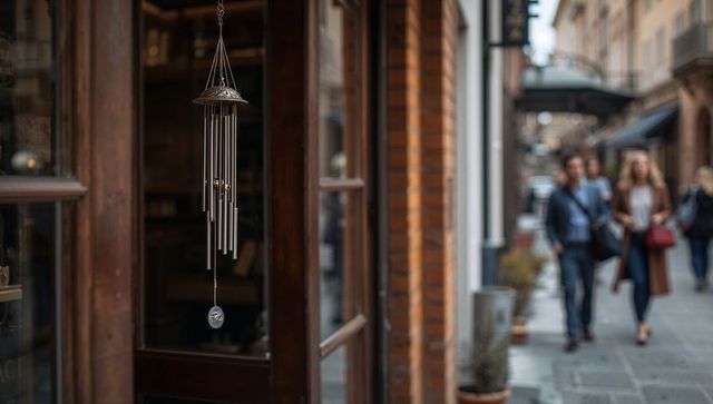 Hanging ornate metal wind chime in rustic shop doorway on narrow pedestrian street