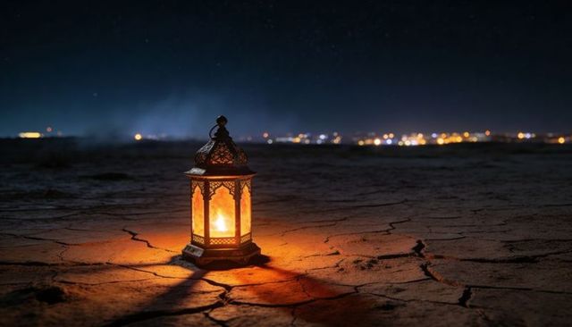 Ornate lantern casting warm light on cracked desert night with distant city glow