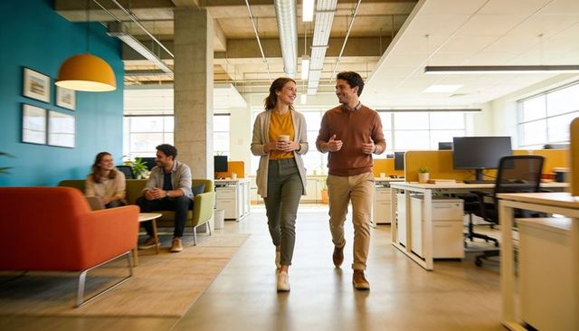 Two coworkers walking and chatting in modern open-plan office, casual collaboration