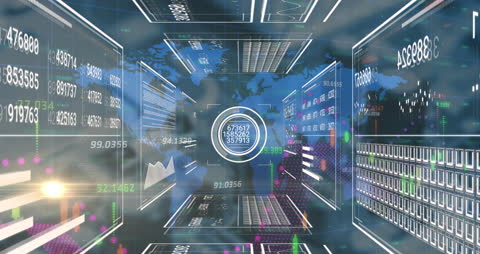 An immersive digital display showcasing a futuristic concept of data processing interfaces layered with a world map projected in the background. Charts and graphs dynamically organize complex information, representing technological advancements in business data analytics. Perfect for illustrating modern data management or technological innovation themes in business presentations, educational materials, or digital marketing visuals.
