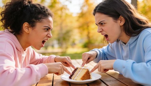 Arguing teens pointing at cake on picnic table during autumn — tense hoodies confrontation