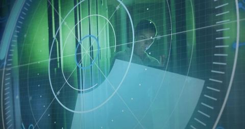 Female analyst interacting with holographic radar interface in technology laboratory