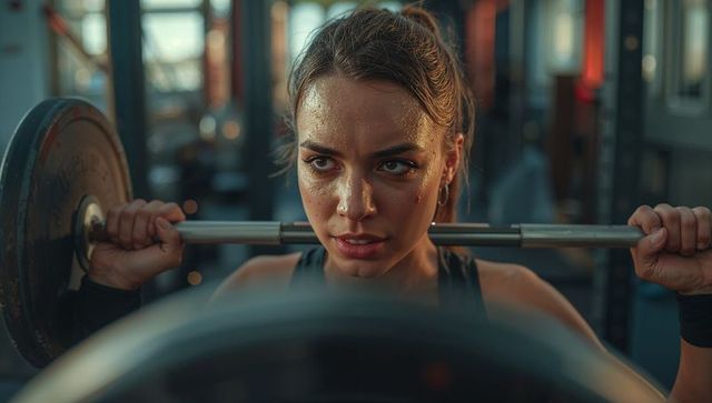Determined female athlete exercising with barbell in gym