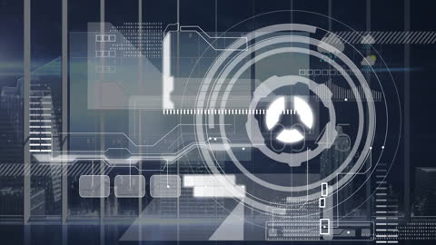 Futuristic Digital Interface with Data Overlay on Cityscape