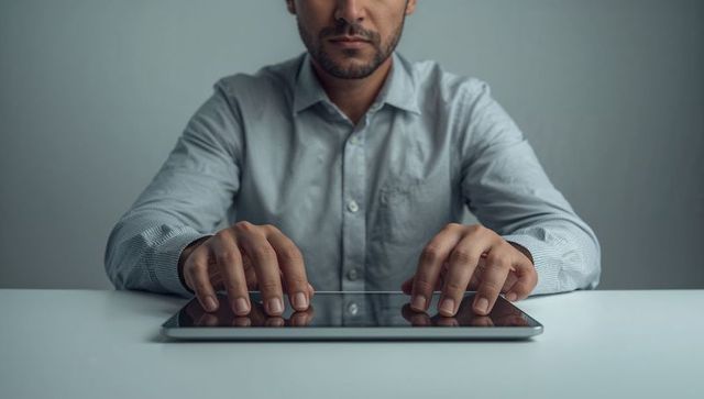 Businessman Typing on Tablet at Minimalist Desk in Modern Office