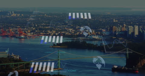 Business Technology Interface Over Cityscape with Spinning Globe