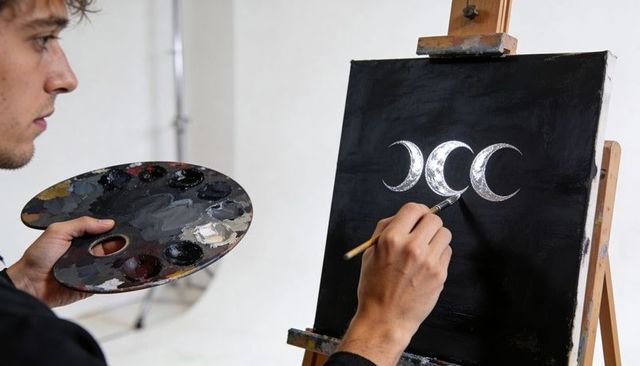 Contemporary artist painting metallic triple moon on black canvas in bright studio
