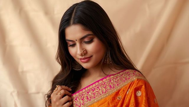 Indian woman wearing vibrant orange saree with gold embroidery and traditional jewelry portrait
