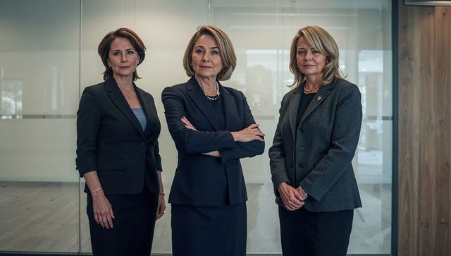 Confident executive women leading corporate boardroom, posing in modern glass office