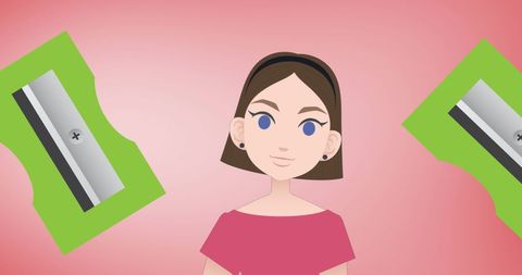 Cartoon Woman Engaging with Pencil Sharpeners on Pink Background - Download Free Stock Images Pikwizard.com