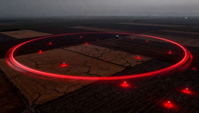 Autonomous drone sprayer circling farmland at dusk with red light trail and beacon grid