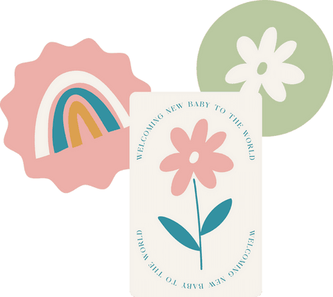 Transparent minimalist baby card design with floral and rainbow motifs