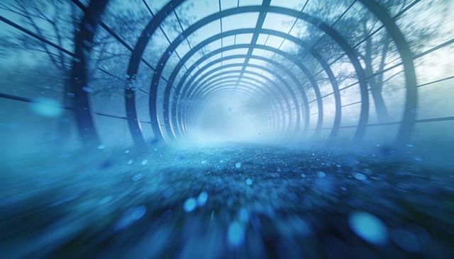 Blue arched tunnel with fog and bokeh droplets leading to bright vanishing point with rings