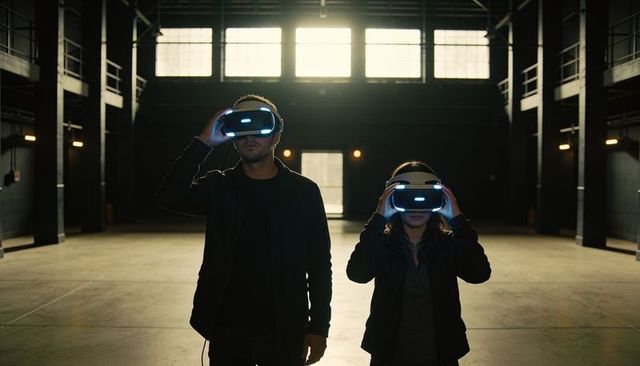Couple wearing vr headsets exploring futuristic industrial warehouse with blue led glow