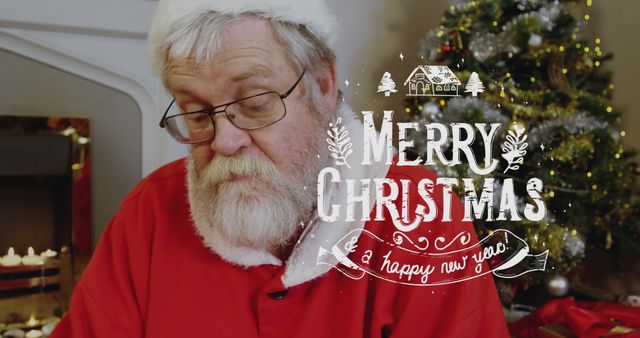 Image of merry christmas text over caucasian male santa claus. Christmas, celebration and digital interface concept digitally generated image.