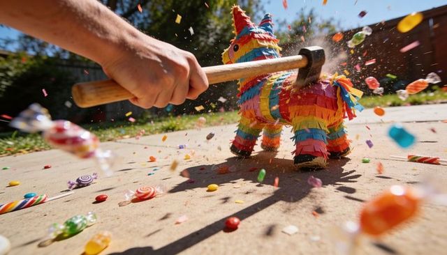Smashing rainbow donkey pinata with hammer throwing candy and confetti in sunny backyard party
