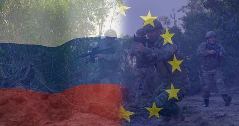 Russian Military Patrol with EU Flag Overlay Advancing Through Forested Trail