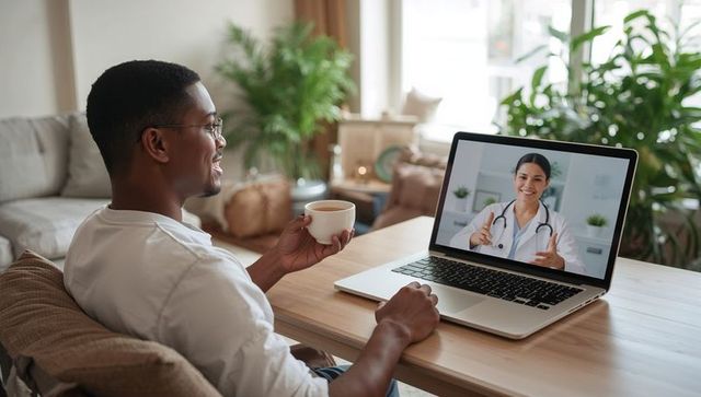 Man holding mug during telemedicine consult on laptop with smiling doctor at home