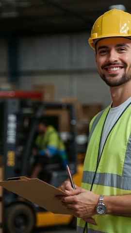 Vertical Video: Warehouse Supervisor Smiling While Writing on Clipboard with Forklift in Background