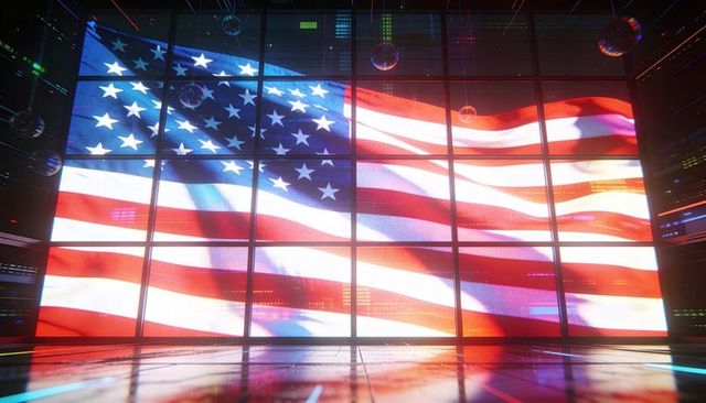 Futuristic multi panel led wall showing waving us flag on shiny stage with disco balls