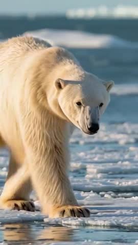 Walking adult polar bear noticing camera while moving across Arctic broken sea ice floes