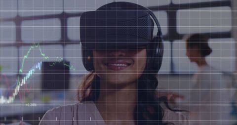 Businesswoman Exploring Virtual Financial Markets with VR Headset