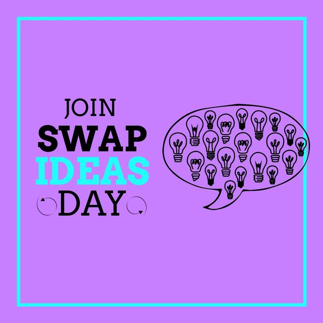 Illustration of join swap ideas day text with bulbs in speech bubble on violet background. Copy space, vector, celebration, knowledge, teamwork, sharing ideas and thoughts concept.
