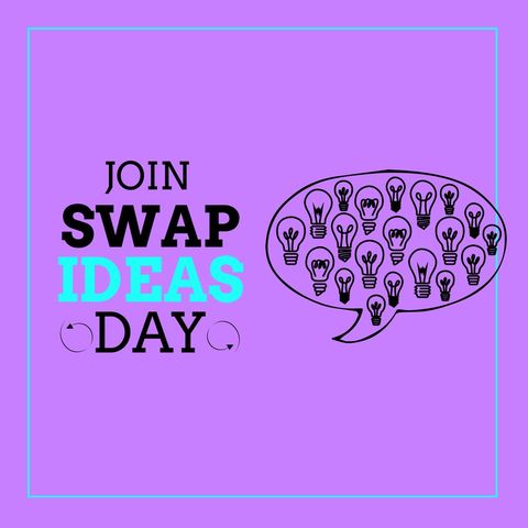 Illustration of join swap ideas day text with bulbs in speech bubble on violet background. Copy space, vector, celebration, knowledge, teamwork, sharing ideas and thoughts concept.