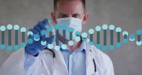 Doctor Holding Vial Showing DNA Helix Overlay for Genetic Research and Clinical Innovation