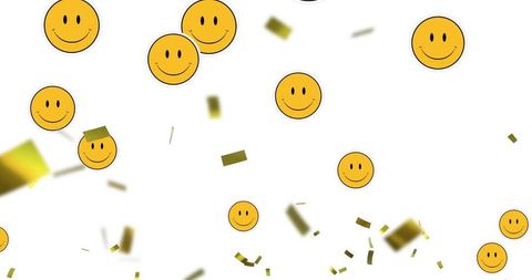 Cheerful smiley faces with falling gold confetti