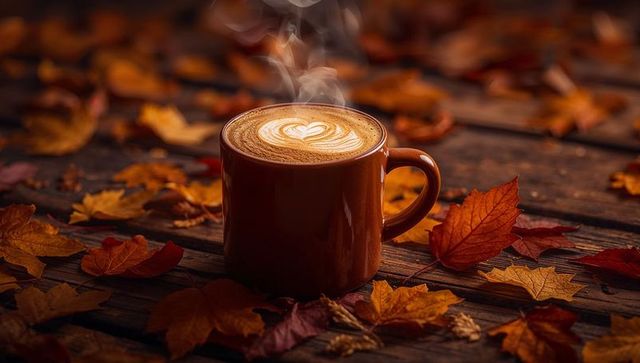 Steaming Latte with Heart Motif Surrounded by Autumn Leaves
