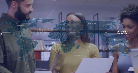 Multinational Team Collaborating on Global Project with Digital Map Overlay