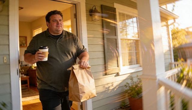 Man stepping onto porch carrying coffee cup and takeout bag during golden hour