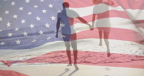 Patriotic Romance Beach Escape: Diverse Couple Embracing Freedom