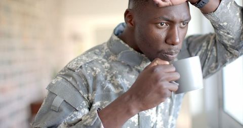 African American Soldier Enjoying Morning Coffee at Home - Download Free Stock Images Pikwizard.com