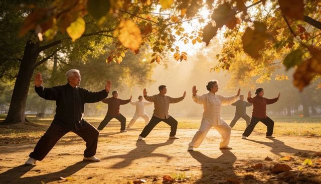 Senior asian group practicing tai chi in sunlit autumn park with fallen leaves, morning sun