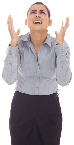 Frustrated Caucasian Businesswoman with Raised Arms Transparent Background