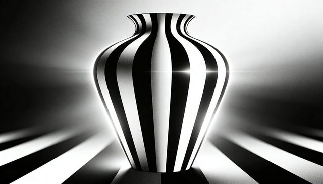 Glossy black and white striped vase on mirrored striped surface with studio lens flare