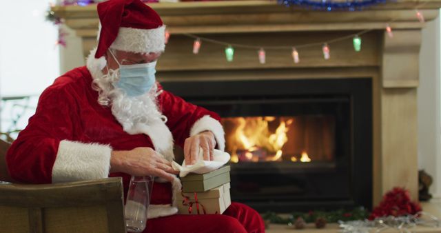 Caucasian senior santa claus in face mask disinfecting christmas present in front of fireplace. Christmas,, health, hygiene, coronavirus, tradition and celebration.