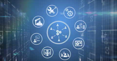 Digital Transformation Icons Over Technical Server Environment